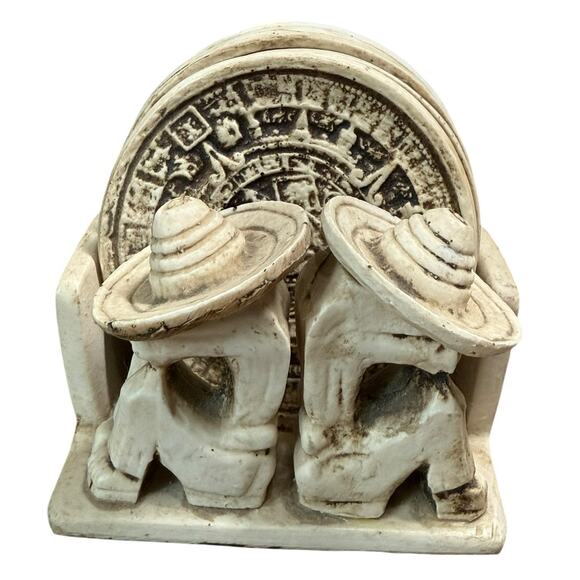 None and/or Unknown Other - Mexican Folk Art Ceramic Coaster 5 Piece Set Hombres Sombreros Siesta Carved Men